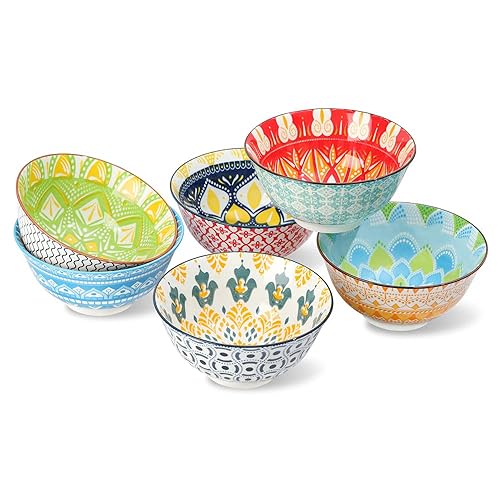 AHX Cereal Bowls Porcelain 23 oz - Salad Soup Bowl Colorful 6.25'' - Deep Bowls for Serving Ramen | Noodle | Pasta | Pho | Oatmeal - Microwave and Dishwasher Safe - Set of 6