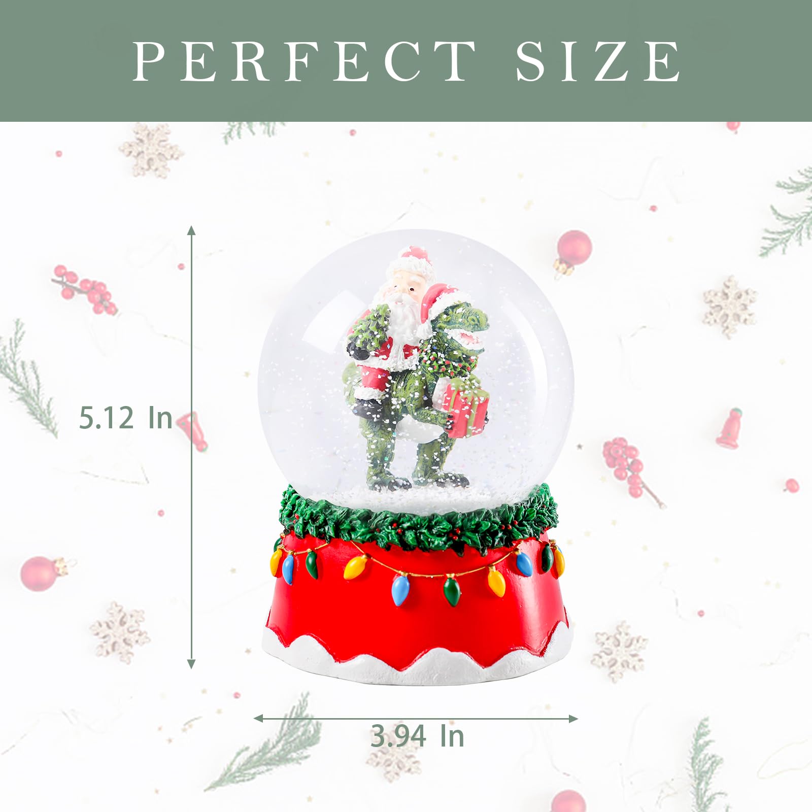 Christmas Snow Globe with Santa and Dinosaur, 3.9x3.9x5.1 Inch LED Light-Up and Music, Battery Operated Holiday Decoration - Fes