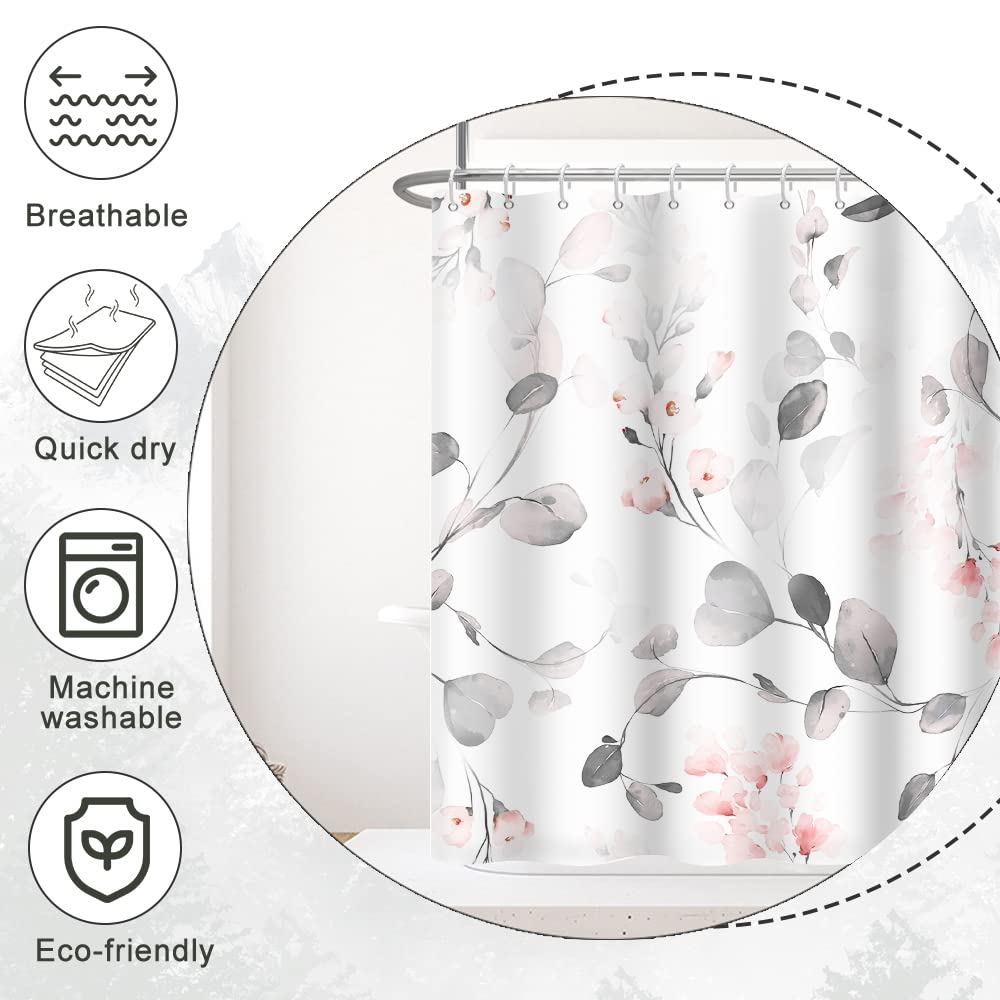 Ruelvth Grey And Pink Shower Curtain, Abstract Eucalyptus With Floral Shower Curtain Waterproof Fabric Spring Watercolor Shower
