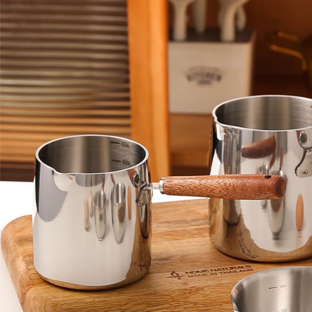 Stainless Steel Milk Warmer Pot 450ml Butter Warmer With Wooden Handle