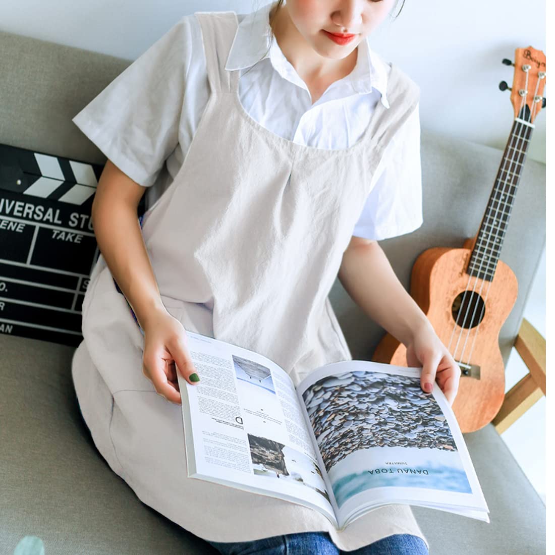 Newgem Japanese Linen Cross Back Kitchen Cooking Aprons For Men With Pockets For Baking Painting Gardening Cleaning White