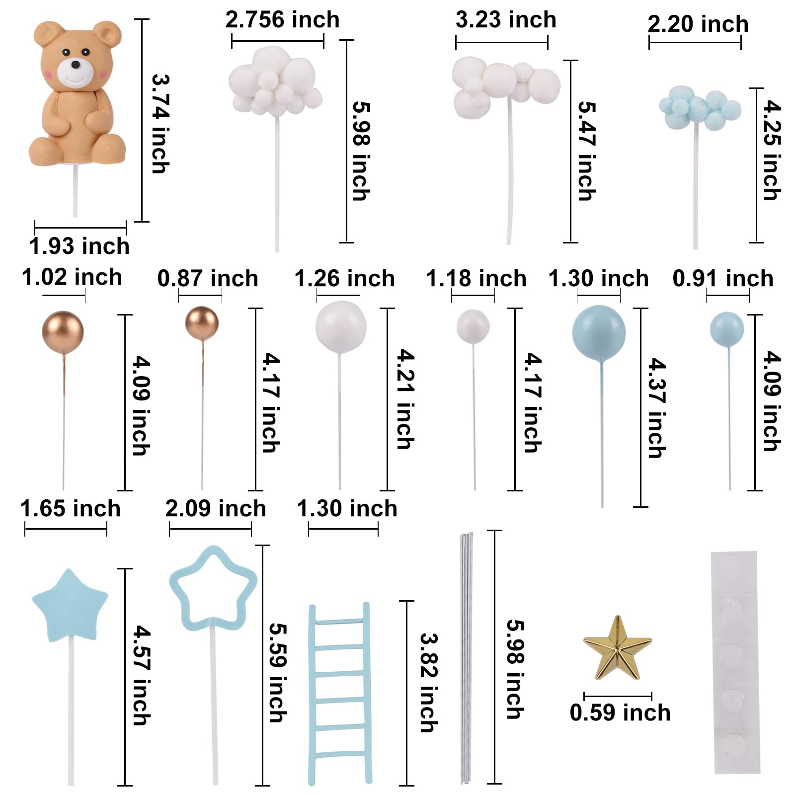 46 Pcs 3D Bear Balls Cake Toppers Brown Teddy Bear For Birthday Party Wedding Baby Shower Supplies(Blue)A