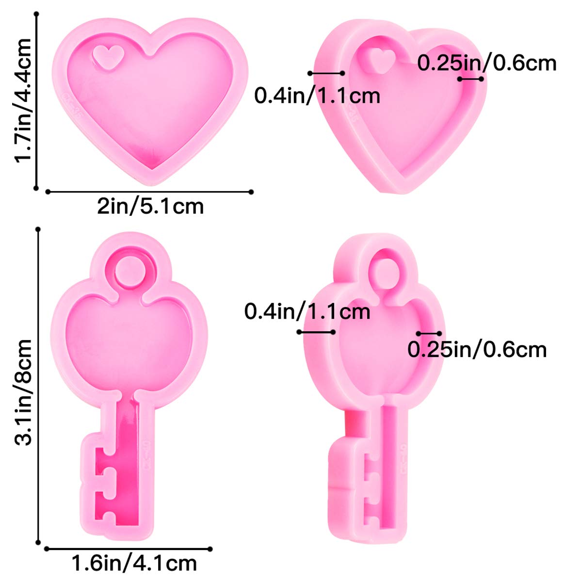 Doerdo 2 Pieces Heart Key Shape Silicone Mold, Keychain Silicone Mold With Hole For Diy Chocolate, Cake, Cookies, Earrings, Keyc