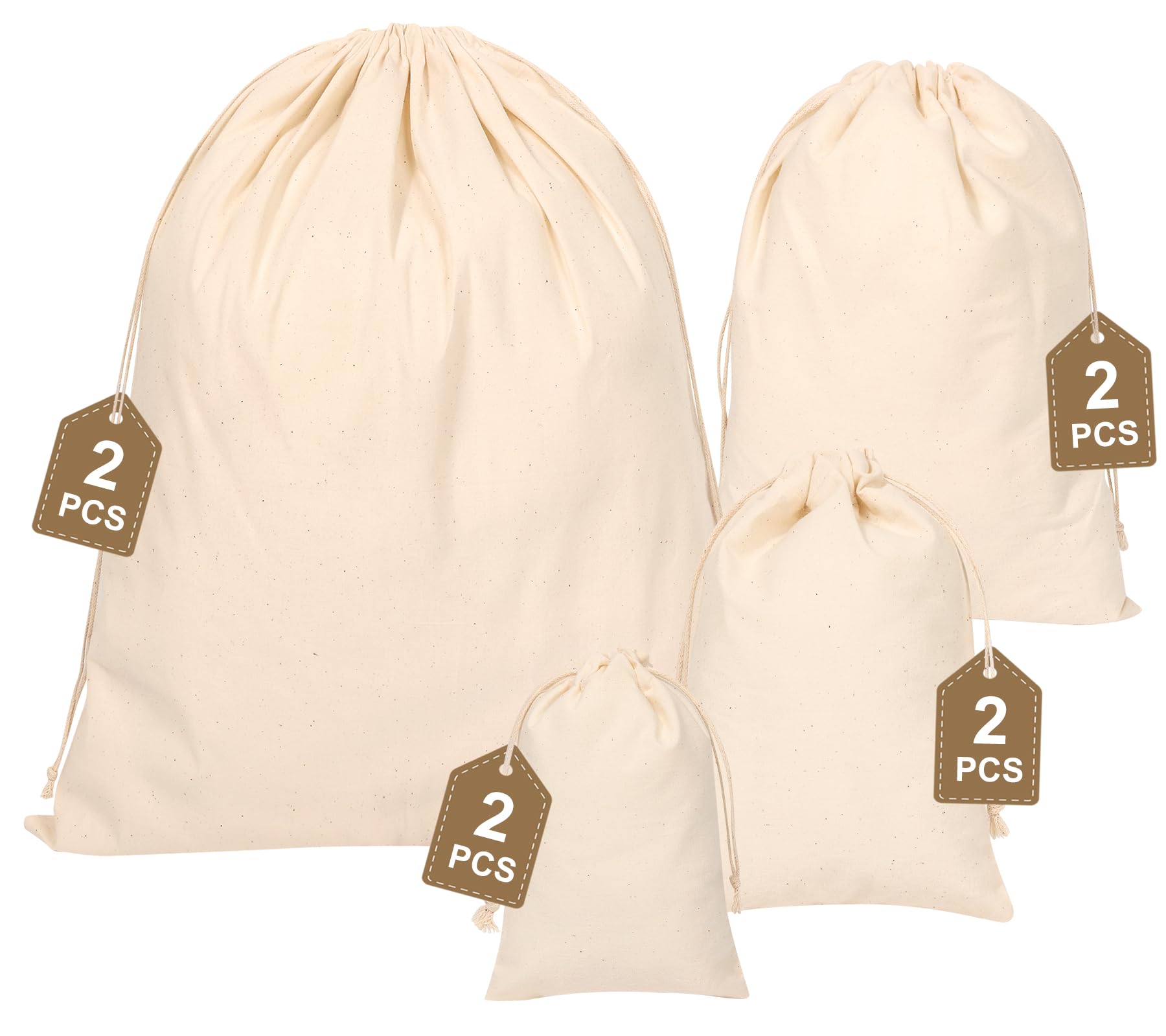 Hopttreely Reusable Cotton Drawstring Bags, Set of 8 Mixed Sizes (S,M,L,XL), Produce Bags for Bulk Food Storage