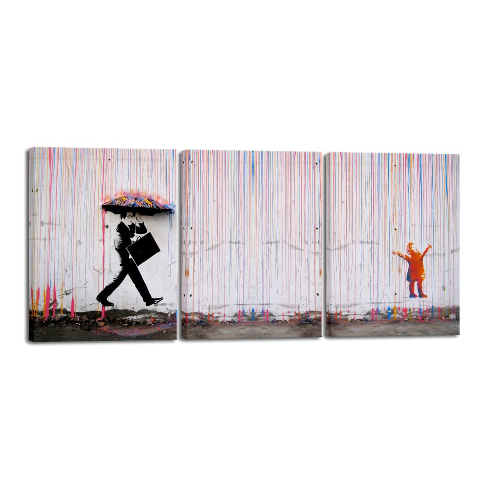 Wieco Art 3 Piece Banksy Famous Canvas Paintings Wall Art Raining Day Modern Inspirational Grey Love Pictures Print Artwork For