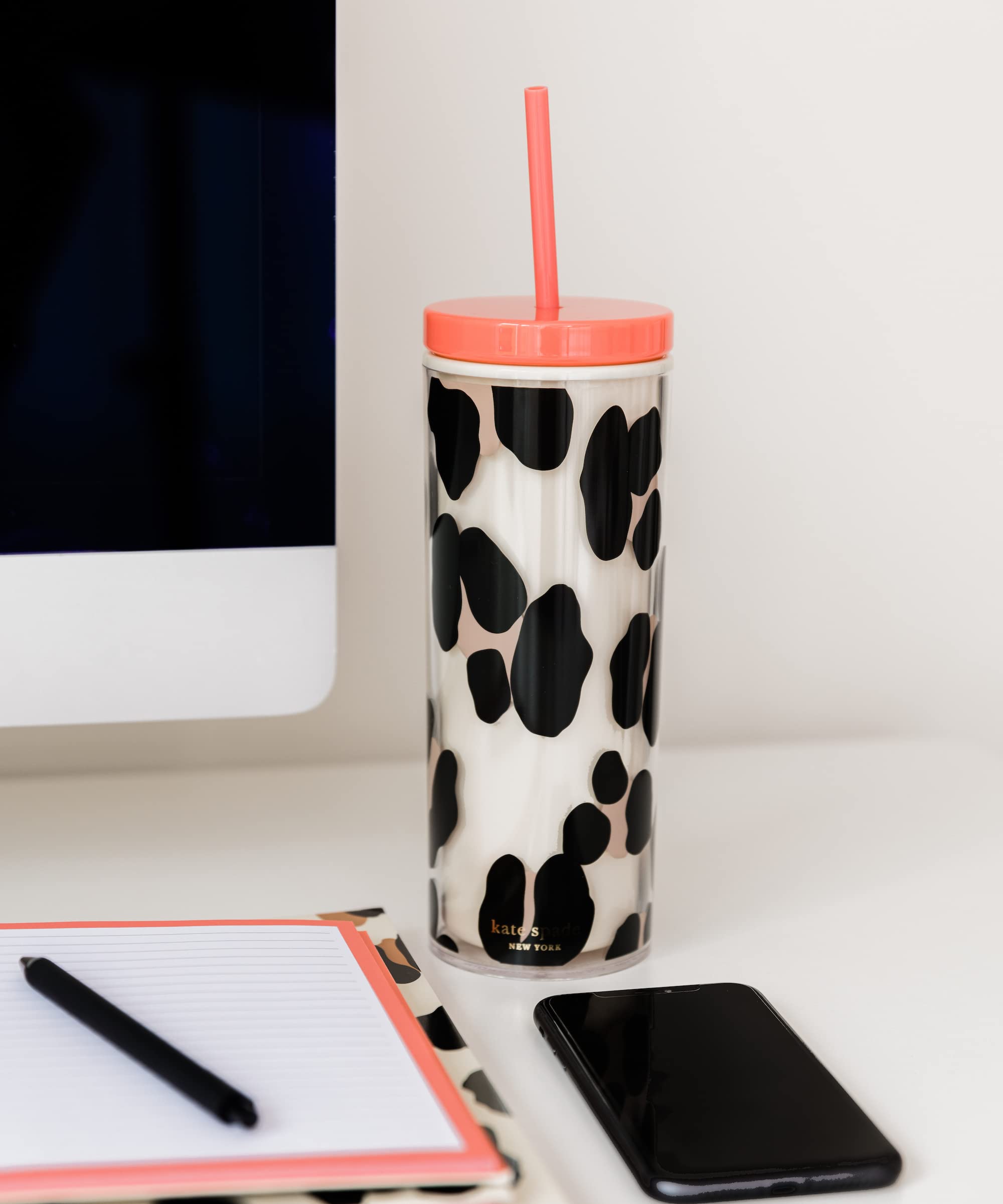 Kate Spade New York Insulated Tumbler With Reusable Straw, Leopard Print 24 Ounce Acrylic Travel Cup With Lid, Forest Feline