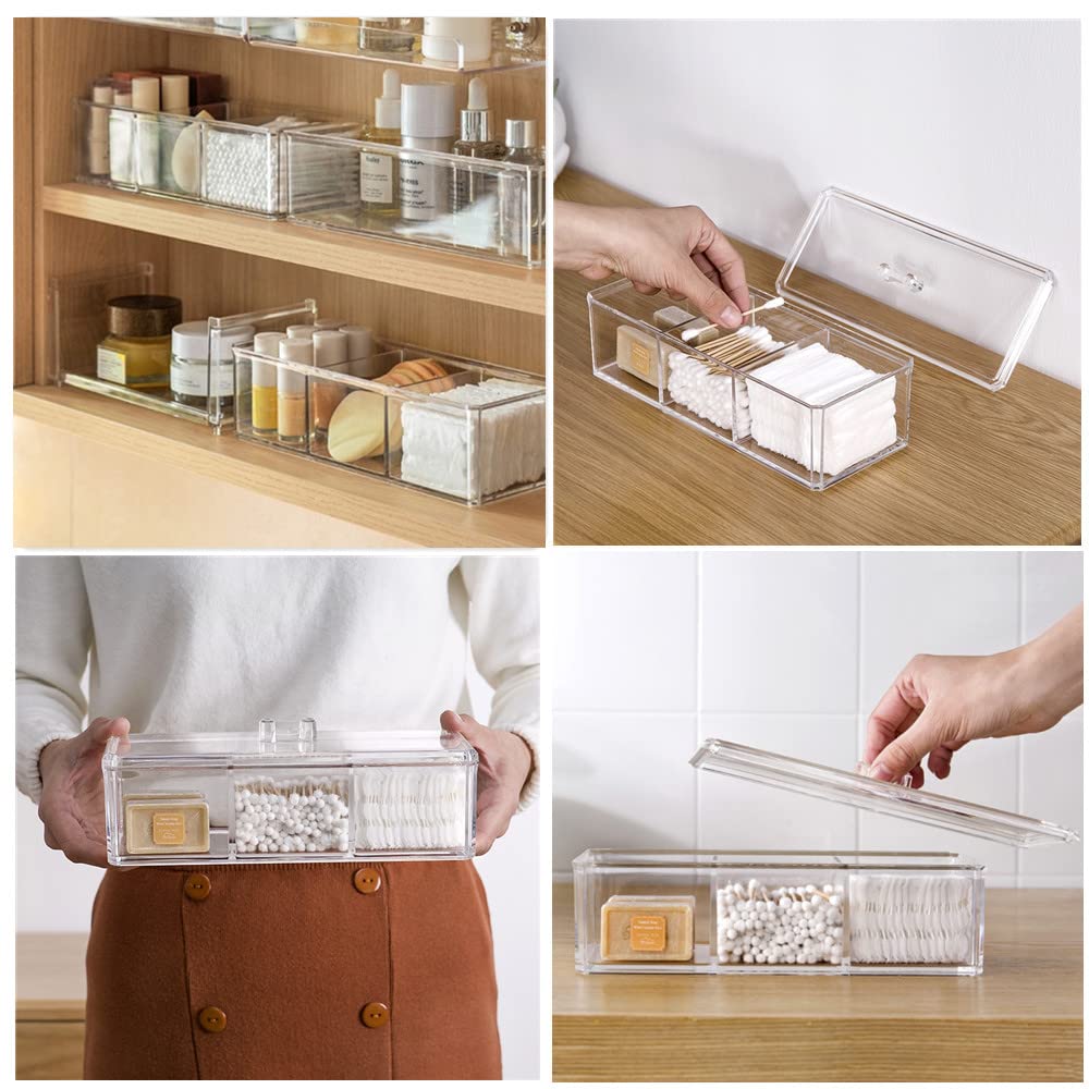 Utth-Dttk Clear Cotton Ball And Swab Holder 3 Divided Compartments With Lid, , Waterproof Bathroom Organizers Small Plastic Stor