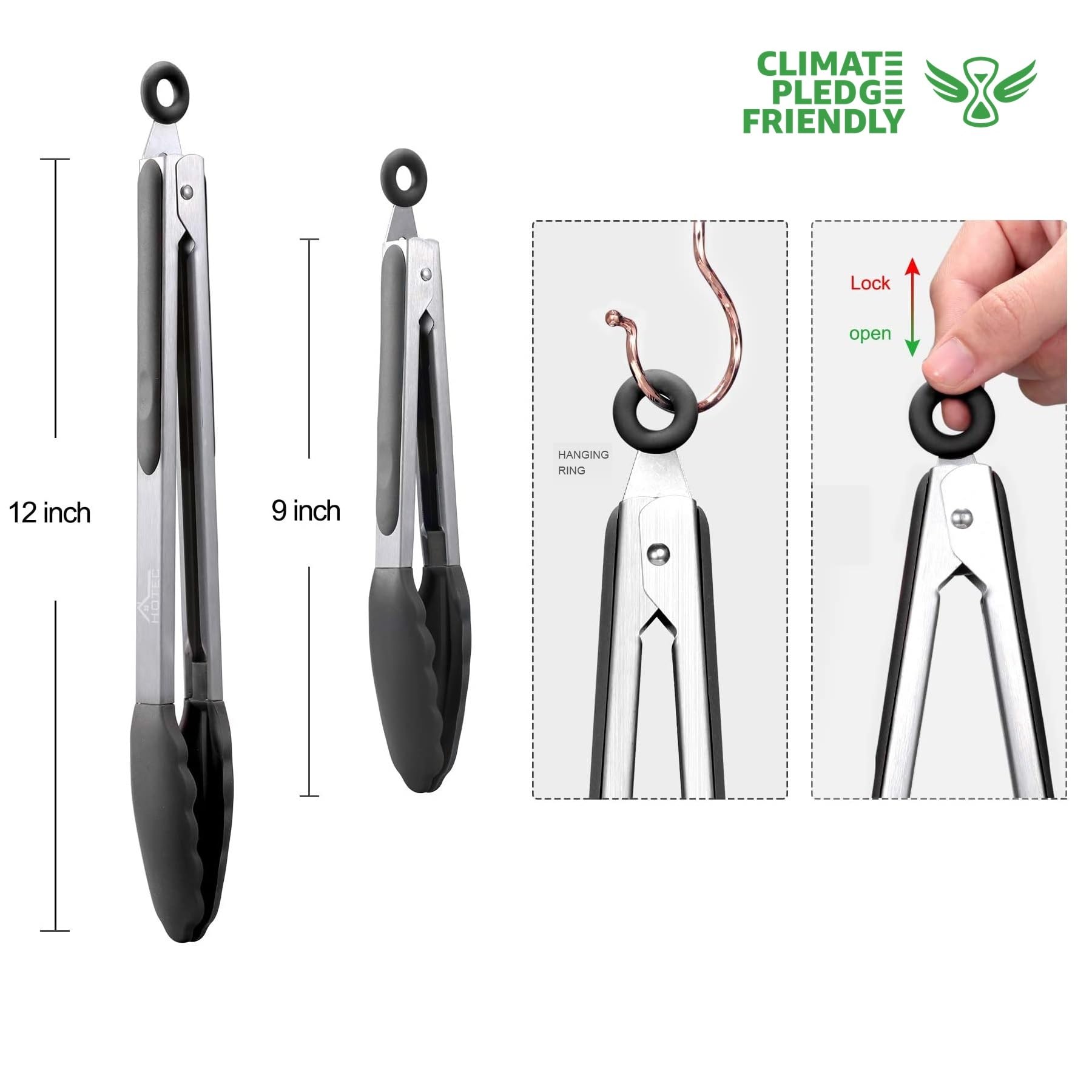 HOTEC Premium Stainless Steel Locking Kitchen Tongs with Silicon Tips  Set of 2-9'' and 12''