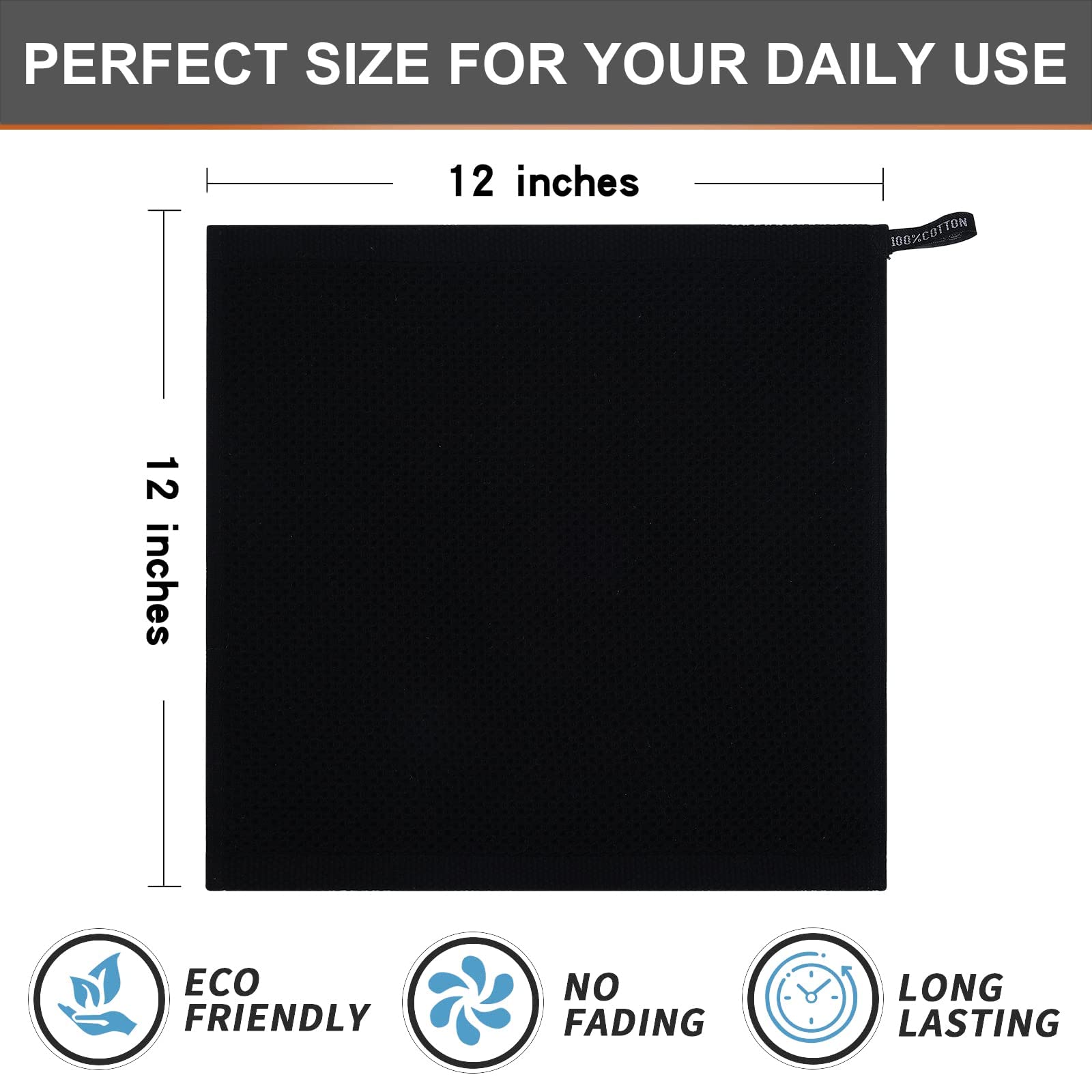 Kitinjoy 100% Cotton Kitchen Dish Cloths  8 Pack Waffle Weave Ultra Soft Absorbent Dish Towels for Drying Dishes Quick Drying Kitchen Towels Dish Rags  12 X 12Inch  Black