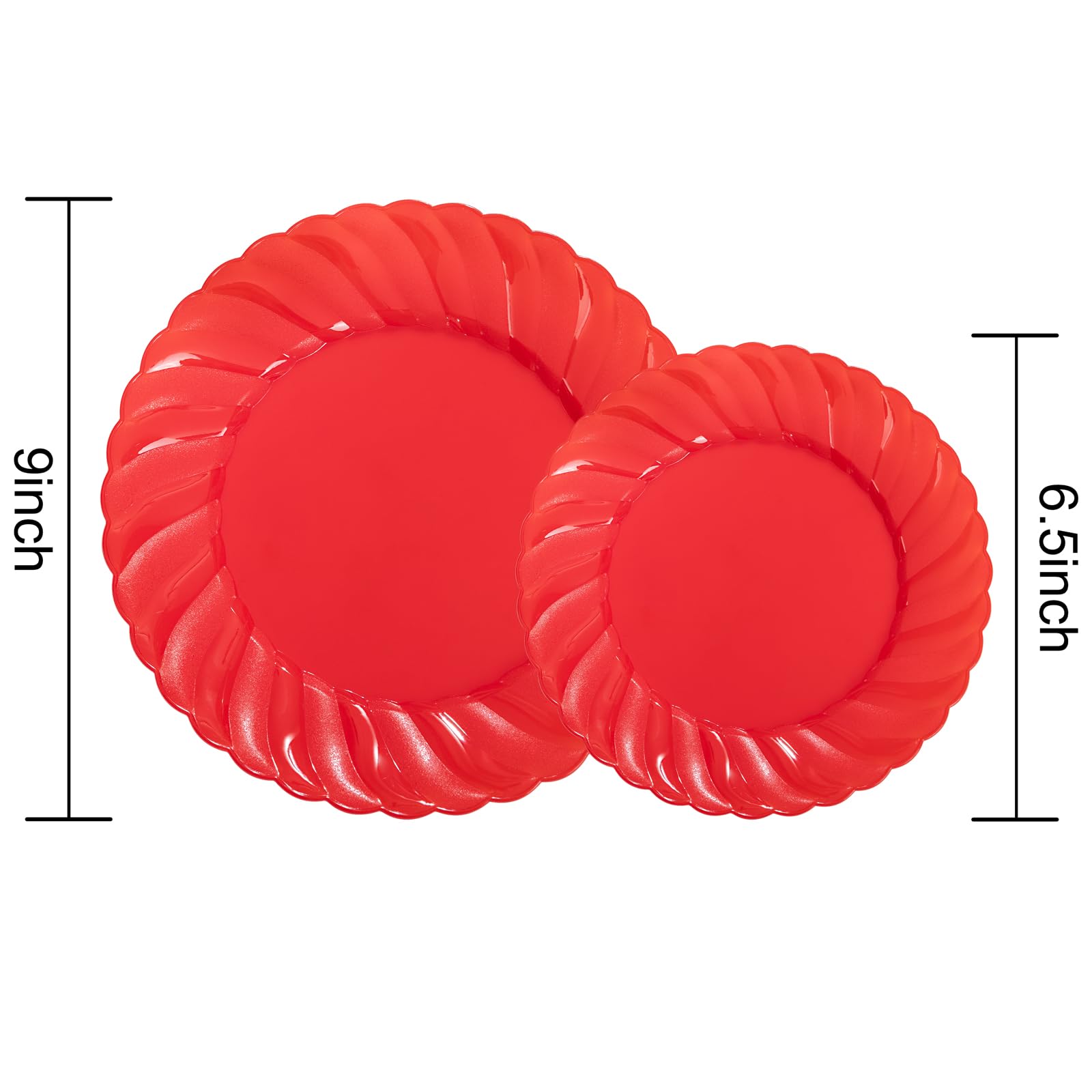 U-Qe 100Pcs Red Plastic Plates - Red Scalloped Plastic Plates For Party - Heavy Duty Red Valentines Plates Disposable Include 50