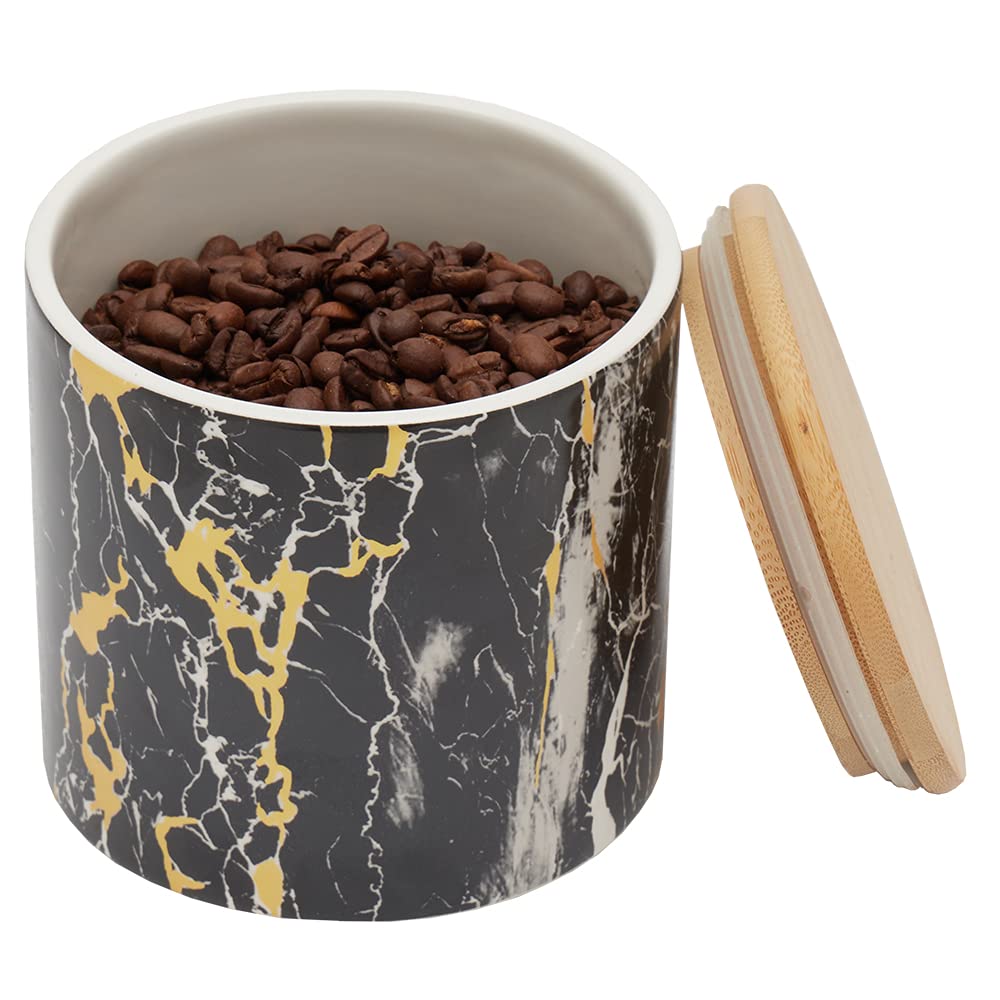 Home Basics Marble Like Small Ceramic Canister With Bamboo Top, Black