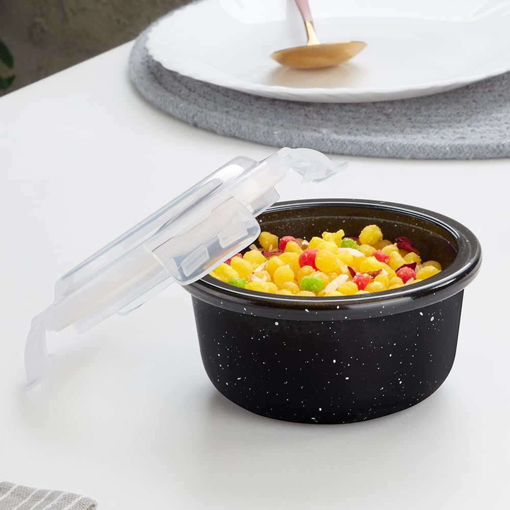 Borosil 240 Ml Pebble Black Food Storage Container With Air Tight Lid | Round Shape Borosilicate Glass Organiser | Microwave & D