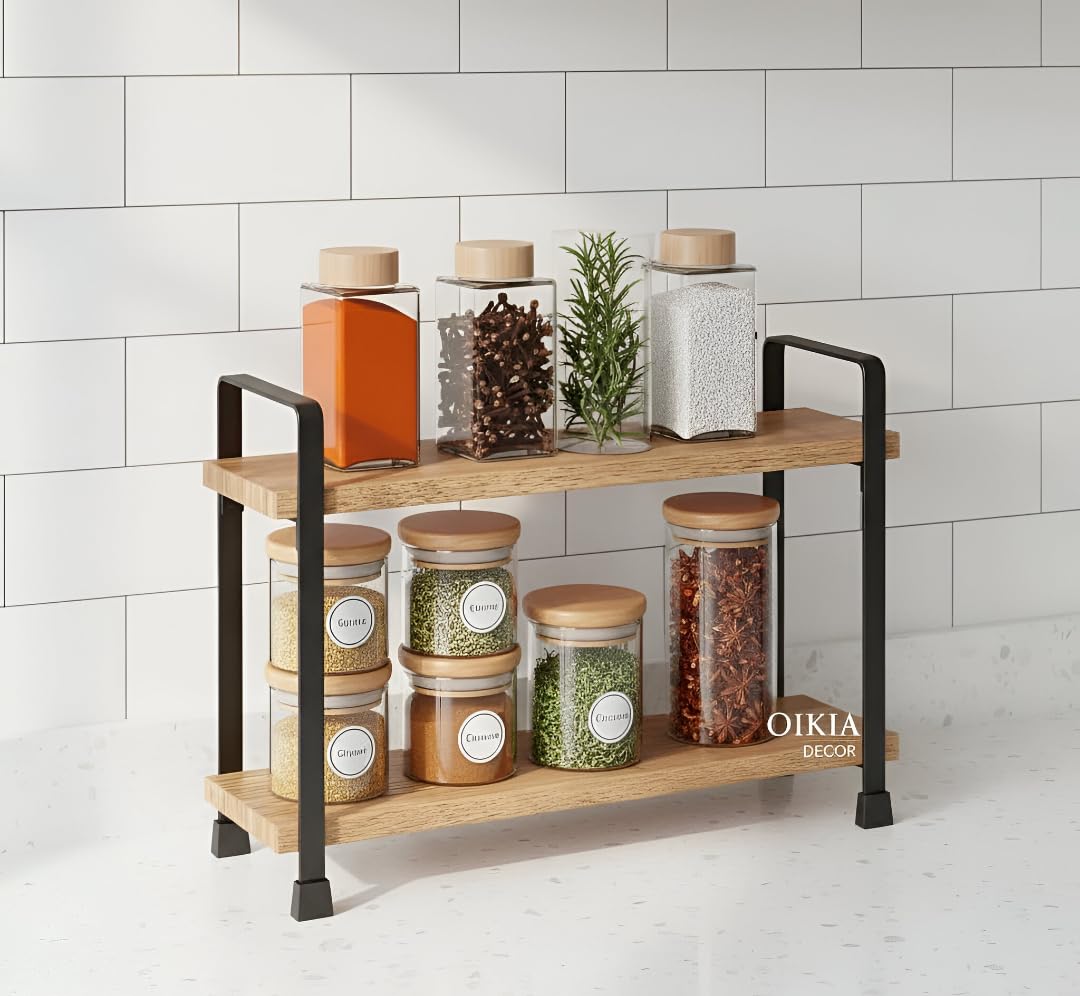 Oikia Decor 2 Tier Wooden Spice Organizer Rack  Step Design Stand For Spice Jars & Bottles | Kitchen Countertop Use