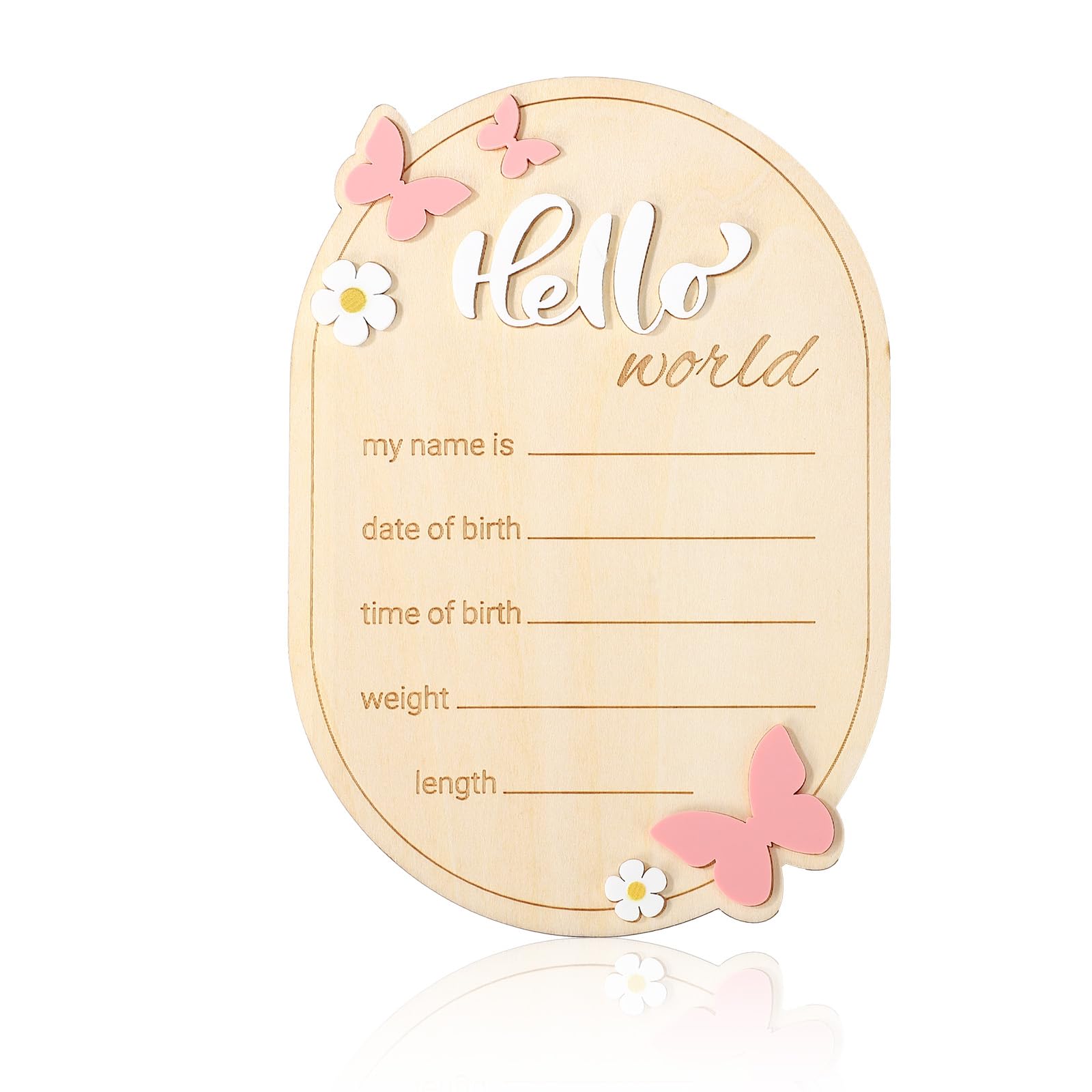 Wooden Baby Birth Announcement Sign, Hello World Newborn Name Signs Daisy & Butterfly Welcome Baby Arrival Plaque for Hospital N