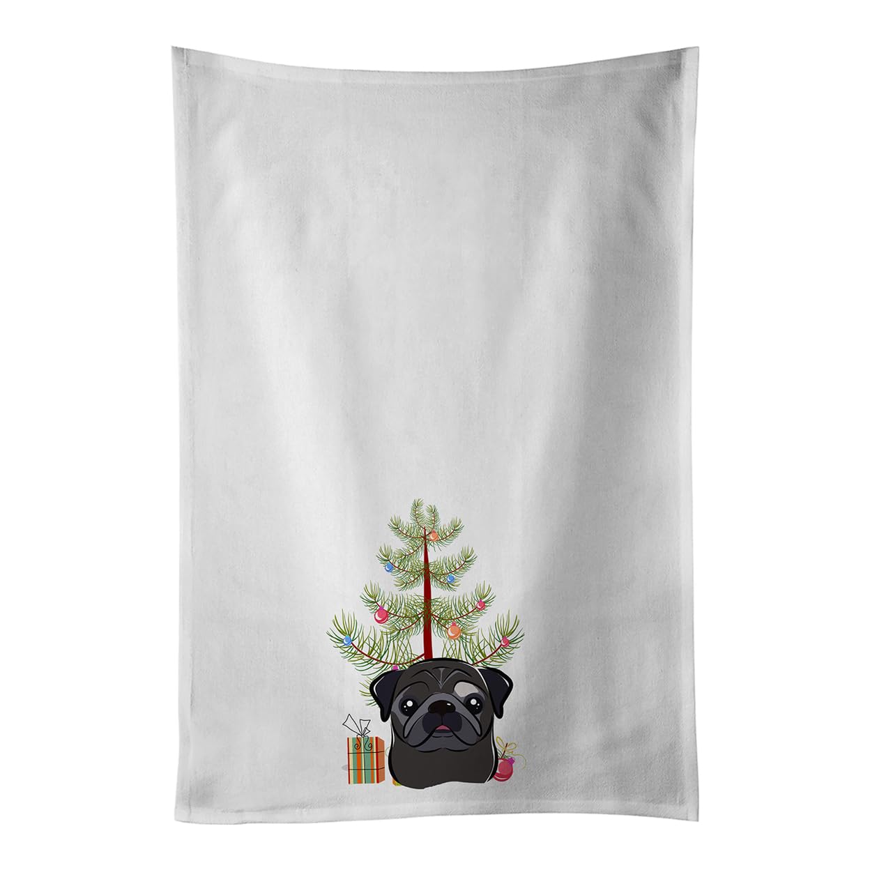 Christmas Tree and Black Pug White Kitchen Towel Set of 2