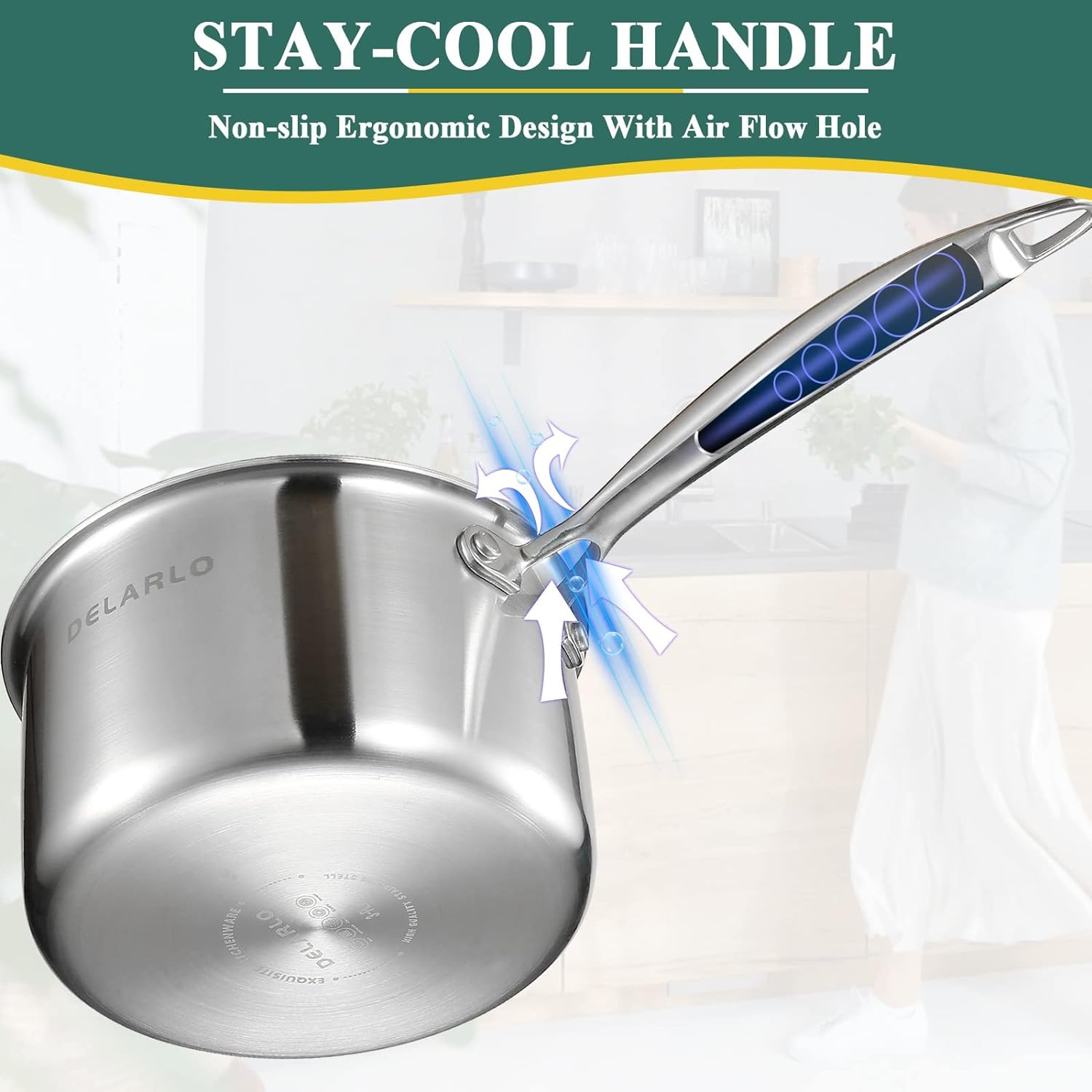 Delarlo Tri-Ply Stainless Steel 1 Quart Saucepan With Lid, Compatible With All Stove 600?, Small Pots For Cooking, Fast Even Hea