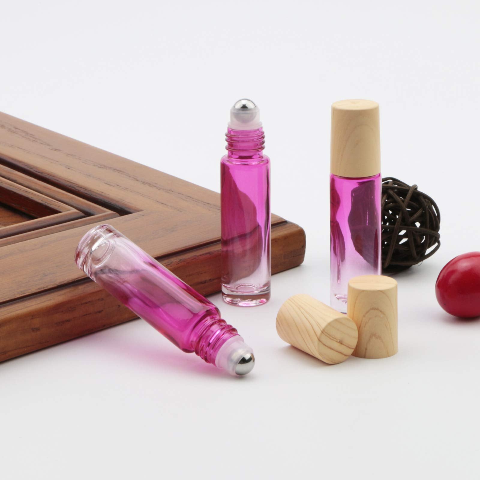 Newzoll 8Pcs Glass Roller Bottles Essential Oils Perfume Roll On Bottles 10Ml (1/3Oz) Rose Red Gradient Rolling Bottles Vials Co