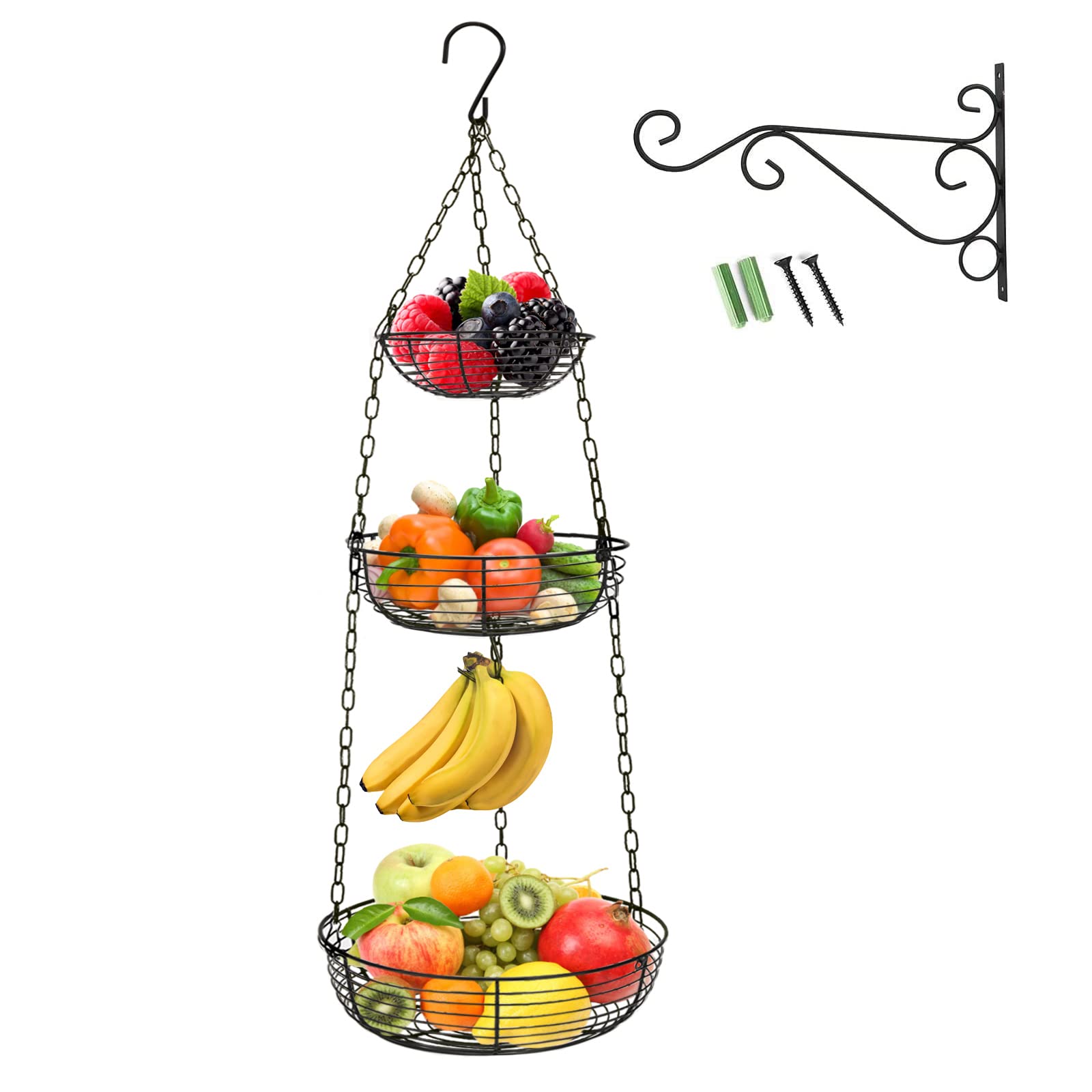 HULISEN 3 Tier Hanging Fruit Basket with Banana Hook, Heavy Duty Wire Hanging Baskets for Kitchen Storage, 36 Inch Hanging Veget