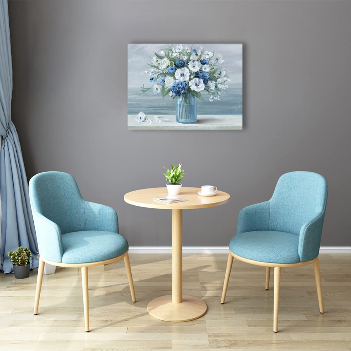 arteWOODS Vintage Flowers Canvas Wall Art Blue White Blossom Canvas Painting Retro Flowers in Vase Canvas Pictures Blue Ocean Background Artwork Prints for Bathroom Bedroom Wall Decor 16'' X 12''