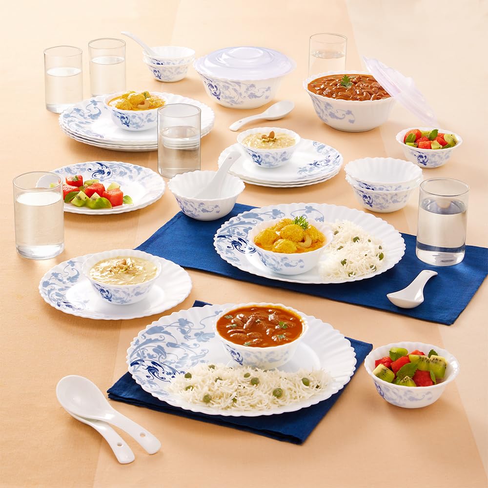 Larah By Borosil Blue Eve Silk Series Opalware Dinner Set With Glasses, 40 Pieces For Family Of 6, Microwave & Dishwasher Safe, 