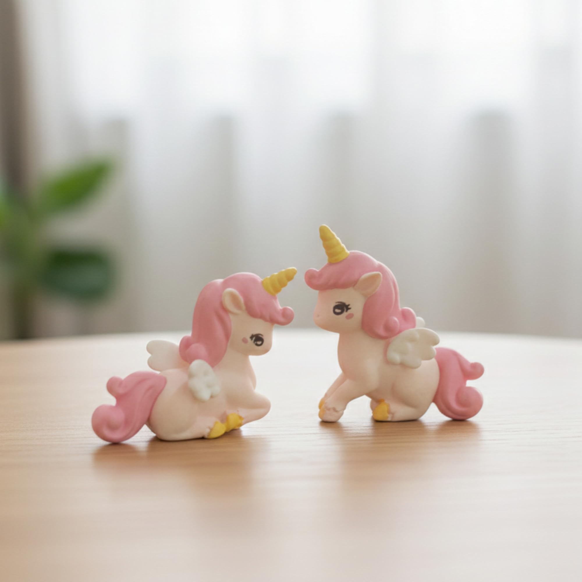 Ecraftindia Set Of 2 Lovely Pink Unicorn Horse With Horns & Wings Satue Miniature Decorative Animal Figurine