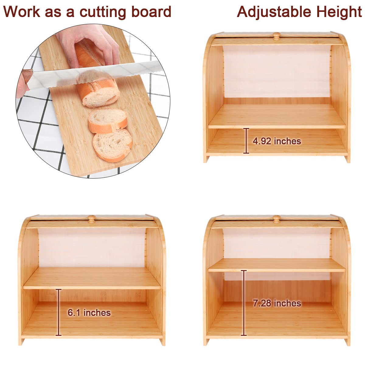 Purbambo Bamboo Bread Box For Kitchen Countertop, Double Layer Roll-Top Bread Storage Boxes Food Keeper With Adjustable Middle S