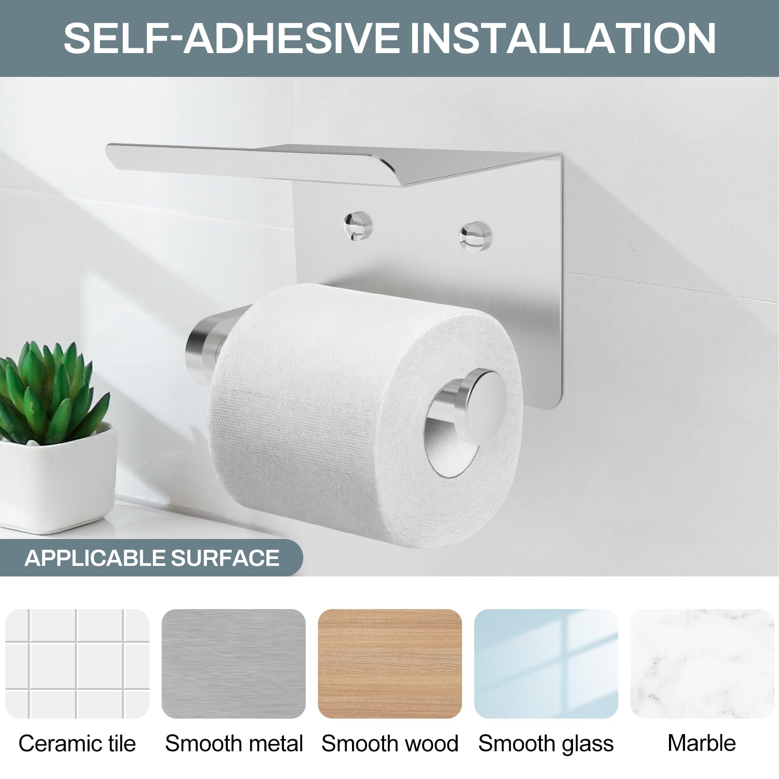 Setsail Toilet Paper Holder With Shelf Adhesive Or Screw-In Bathroom Toilet Paper Roll Holders Wall Mount Brushed Nickel Heavy-D