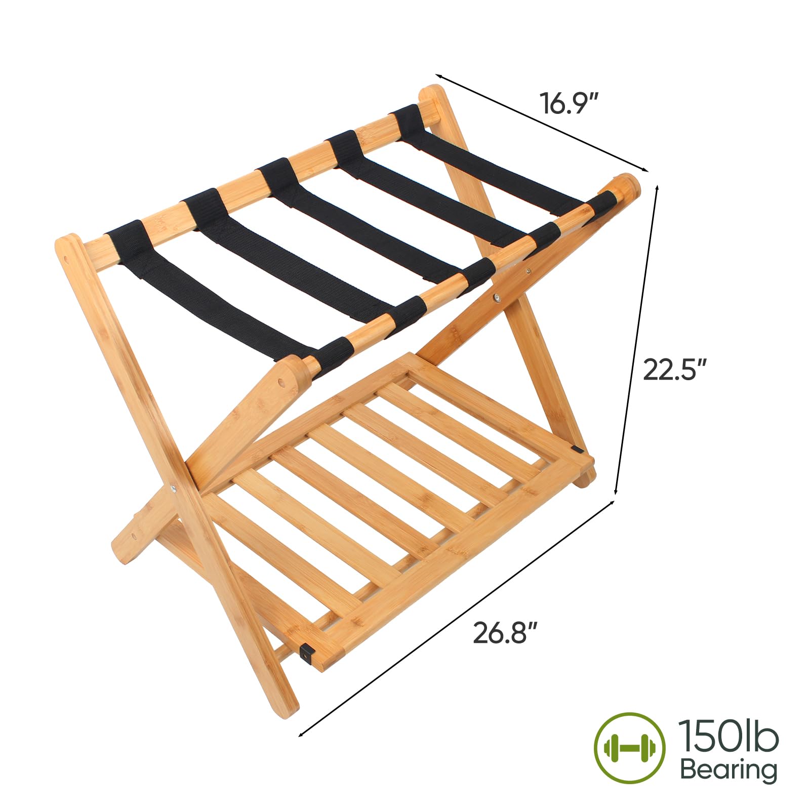 Smart Fendee Fully Assembled Bamboo Luggage Rack, Guest Room Essentials, Heavy Duty Folding Suitcase Stand With Storage Shelf, I