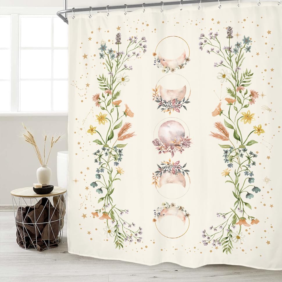Miyotaa Moon Phase Shower Curtain Set 60Wx71H Inches Moonlit Herb Wildflower Witchy Celestial Flower Floral Botanical Tarot Bath