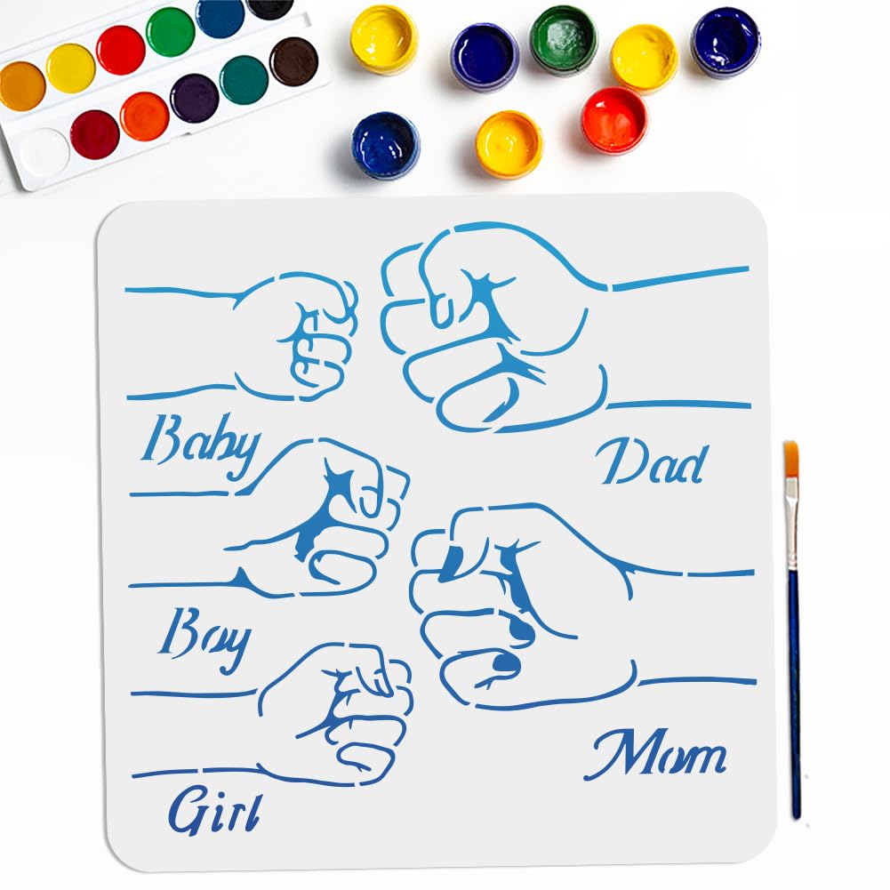 Mayjoydiy Large Family Fist Stencils 11.811.8Inch Reusable Dad Mom Baby Girl Boy Hand Painting Stencil With Paint Brush Warm Fam