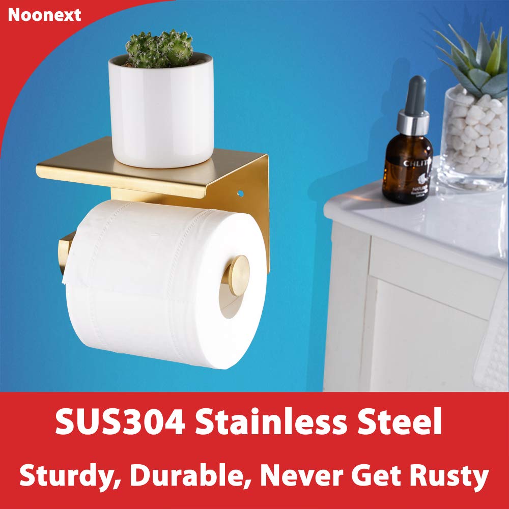 Adhesive Toilet Paper Holder with Shelf  SUS304 Stainless Steel Toilet Paper Roll Holder  Brushed Gold  No Drilling or Wall-Mounted with Screws