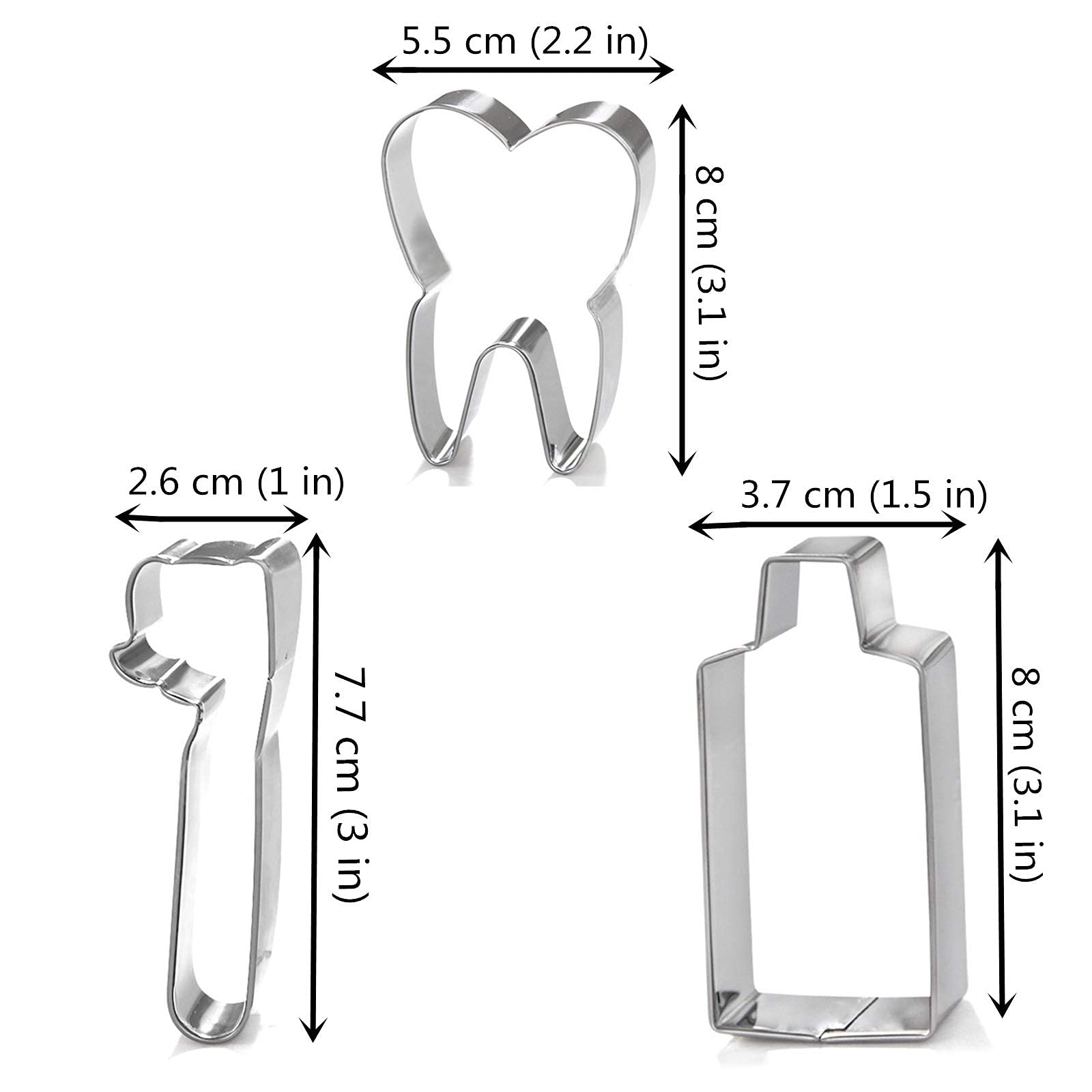 Mini Tooth Series Cookie Cutters Set Of 3 Pcs, Stainless Steel Fondant Cutter Molds Baking Diy (Toothpaste+Toothbrush+Tooth)