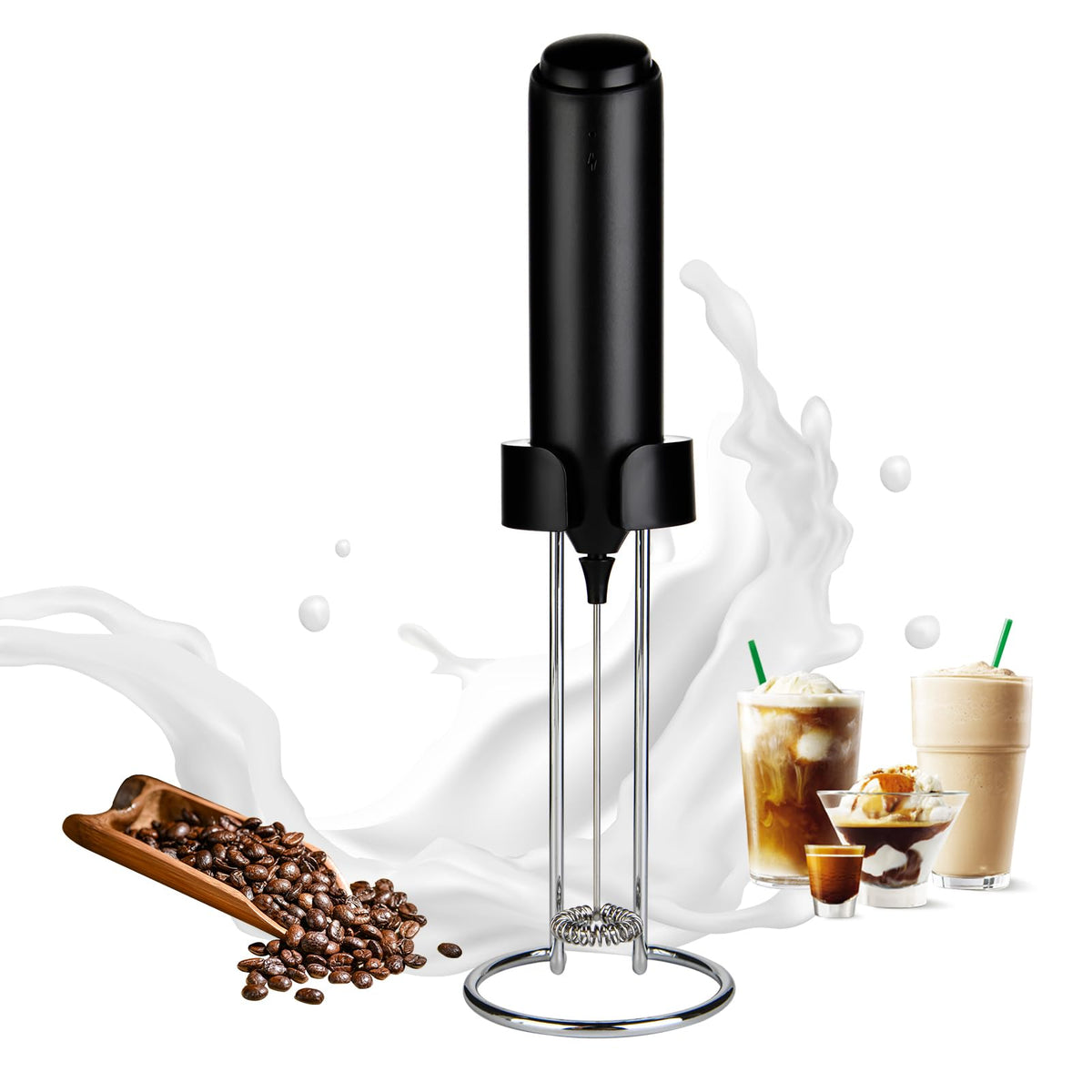 Winetell Rechargeable Handheld Electric Milk Frother With Usb C Charging Stand For Lattes- Powerful Whisk Drink Frother Wand For