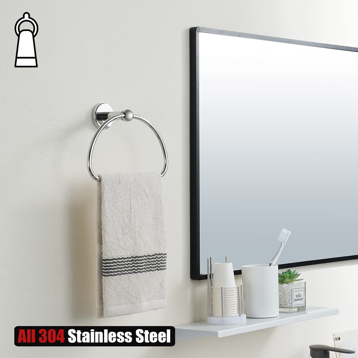 JQK Chrome Towel Ring  Stainless Steel Half Ring Towel Holder for Bathroom  7 Inch Polished Chrome Wall Mount  TR160-CH