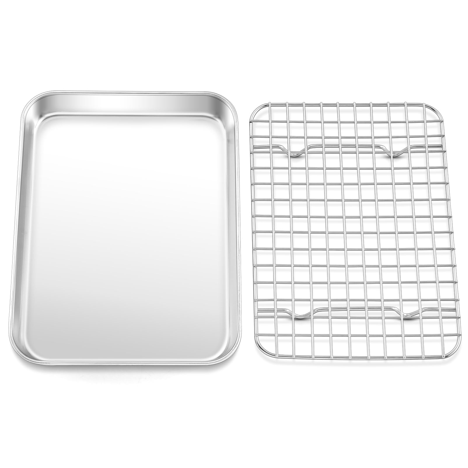 TeamFar Toaster Oven Pan with Rack Set, 9 x 7 x 1 Stainless Steel Compact Toaster Oven Small Baking Pan Tray with Mini Cooling G