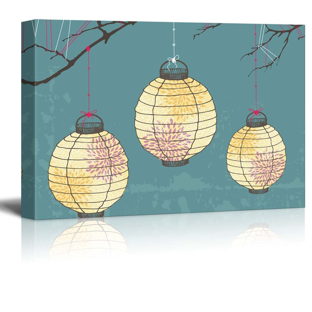 Wall26 - Vector Japanese Lanterns With Designs Hanging On Branches - Canvas Art Home Art - 32X48 Inches