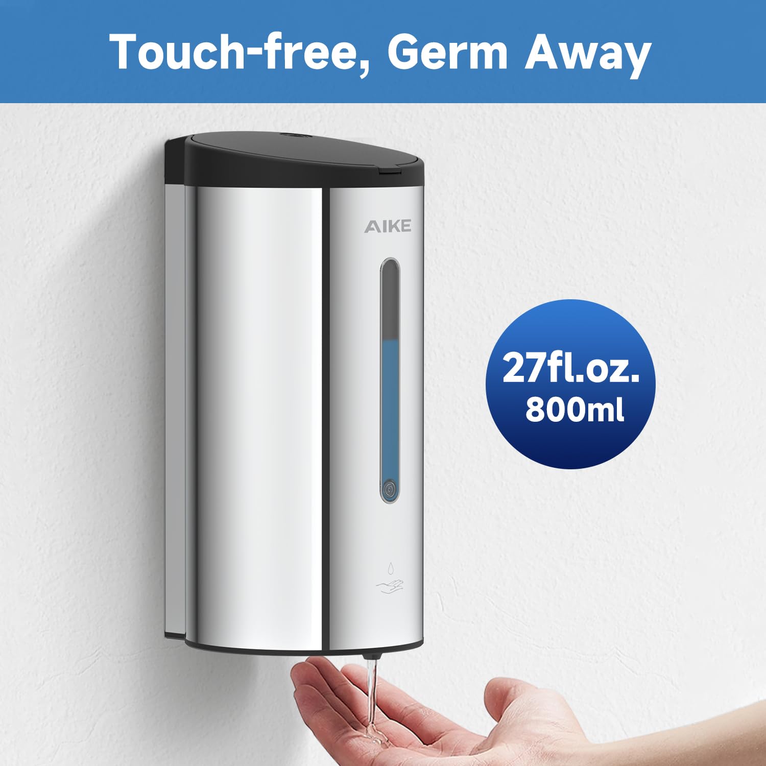 Aike Wall-Mount Automatic Liquid Soap Dispenser 27Oz Large Capacity Polished Stainless Steel Finish Model Ak1205