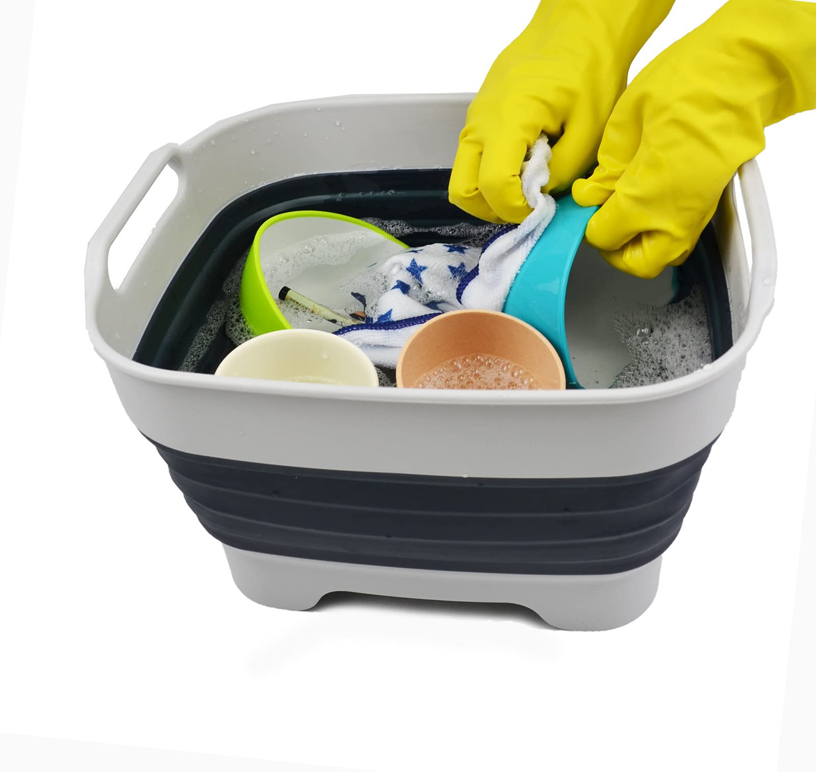 Sammart 9L Collapsible Dishpan With Draining Plug - Foldable Washing Basin - Portable Dish Washing Tub - Space Saving Kitchen St