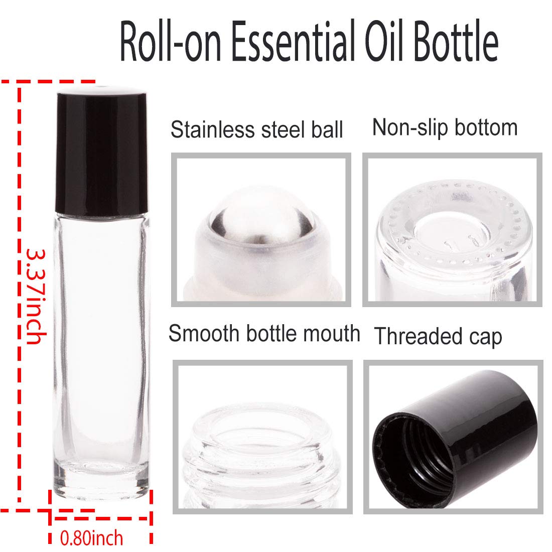 Zizemoja 6Pcs 10Ml Essential Oil Roller Bottles, With Stainless Steel Roller Balls, 10Ml Clear Glass Roll On Bottles For Essenti