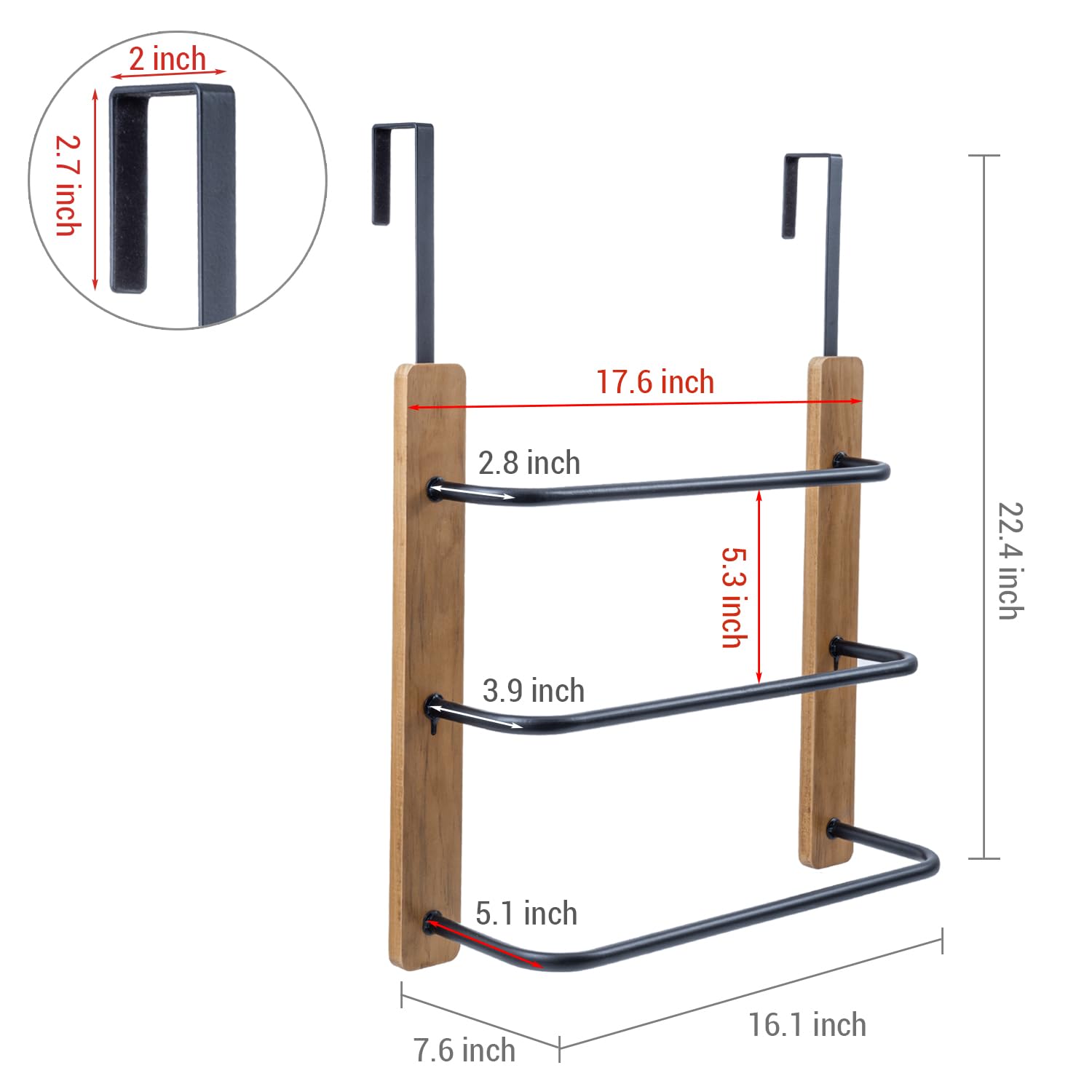 Mygift Rustic Over The Door Towel Rack, 3 Tier Solid Burnt Wood And Matte Black Metal Space Saving Bathroom Door Hanging Towel B