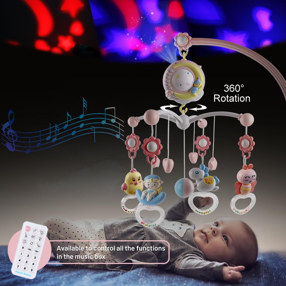 Baby Musical crib Mobile with Timing Function Projector and Lights Hanging Rotating Rattles and Remote control Music Box with 150 Melodies Toy for Newborn 0-24 Months