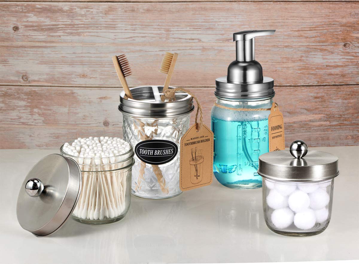 Mason Jar Foaming Soap Dispenser -Rustproof Stainless Steel Lid/BPA Free Foam Pump-Waterproof Chalkboard Labels-Farmhouse Decor Bathroom Accessories Refillable &Eco Friendly -Brushed Nickel (2 Pack)