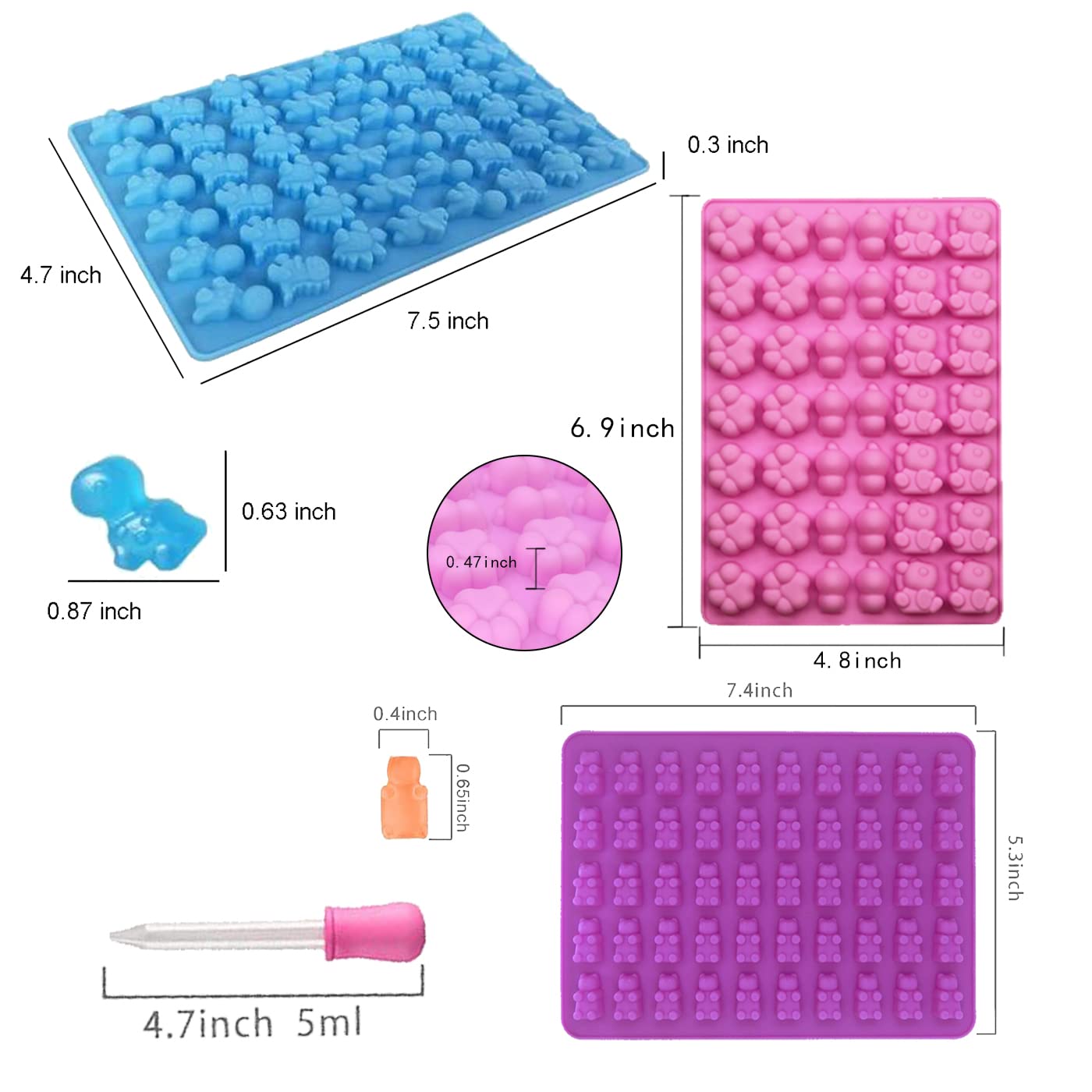 3-Pack Mini Dinosaur, Bear Shape,Panda And Panda Claws Candy Chocolate Non-Stick Silicone Mold And Ice Cube Tray, Silicone Candy