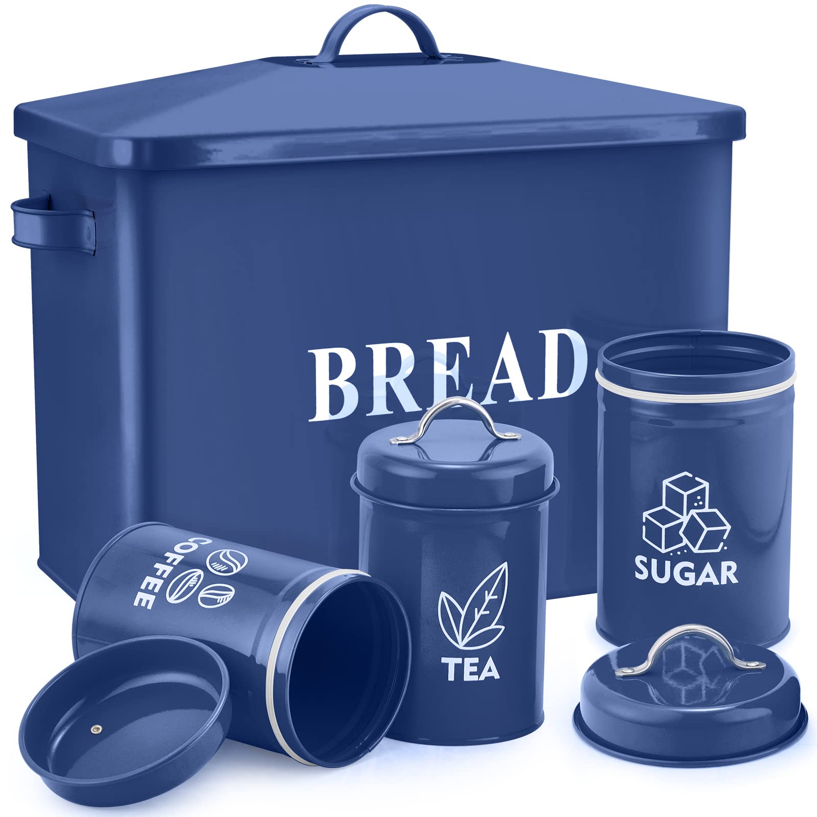 Navy Blue Bread Box With Canister Sets For Kitchen Countertop, E-Far Metal Storage Container Holder For Farmhouse Decor, Vintage