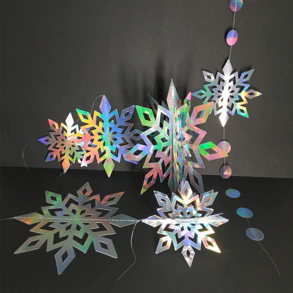 3D Iridescent Snowflake Decorations Holographic Snow Flakes Garland Winter Wonderland Frozen Theme Party Hanging Streamer Backdr