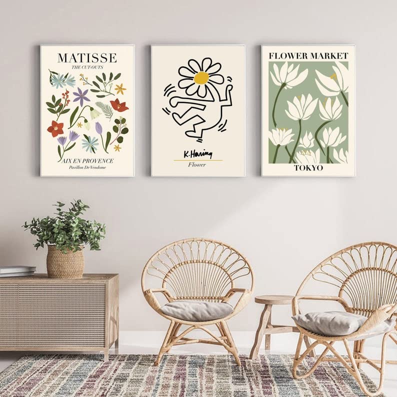 Abstract Matisse Wall Art Decor,Flower Market Prints Set Of 3,Unframed Green Wall Art Exhibition Posters,12X16In Quality Canvas