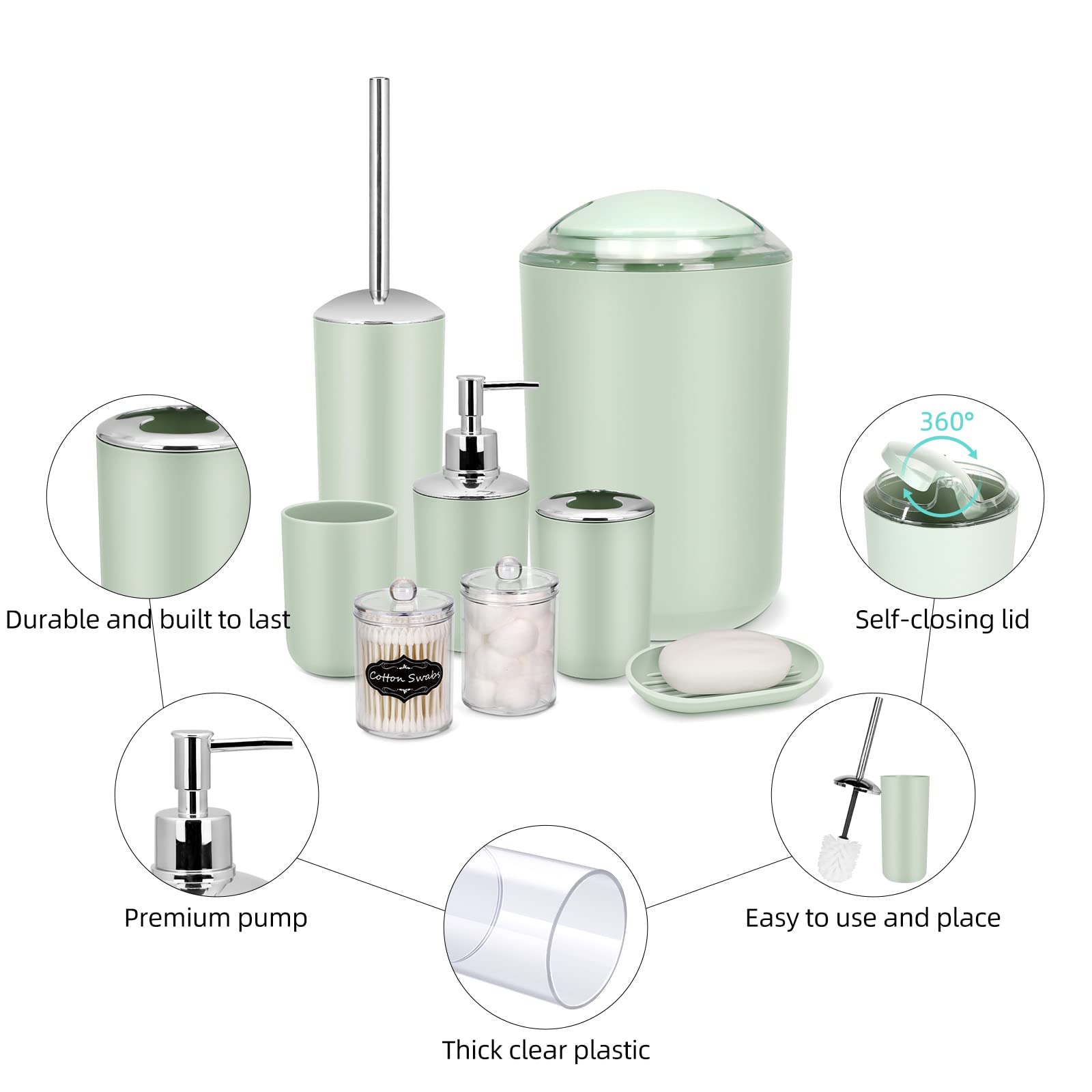 Imavo Bathroom Set - 9 Pcs Green Bathroom Accessories Set With Trash Can,Tray,Soap Dispenser,Soap Dish, Toothbrush Holder,Toothb