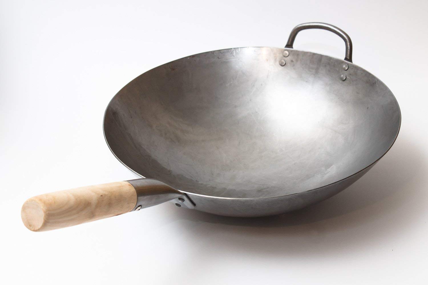 craft Wok Traditional Hand Hammered carbon Steel Pow Wok with Wooden and Steel Helper Handle (14 Inch  Round Bottom)  731W88