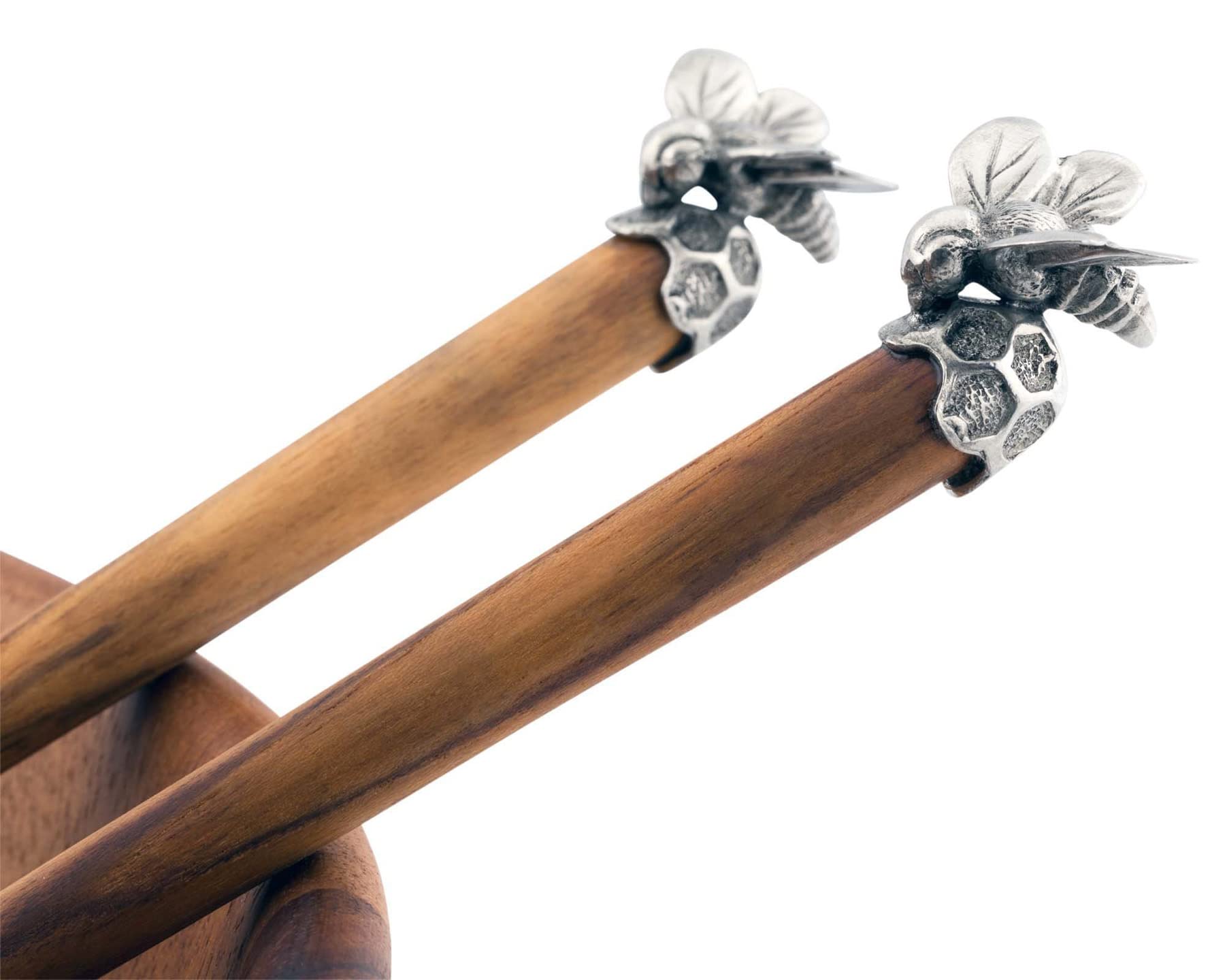 Vagabond House Bee Hive Shaped Wood Salad Bowl And Salad Server Set With Pewter Bee Accent 12.5 Inch Diameter