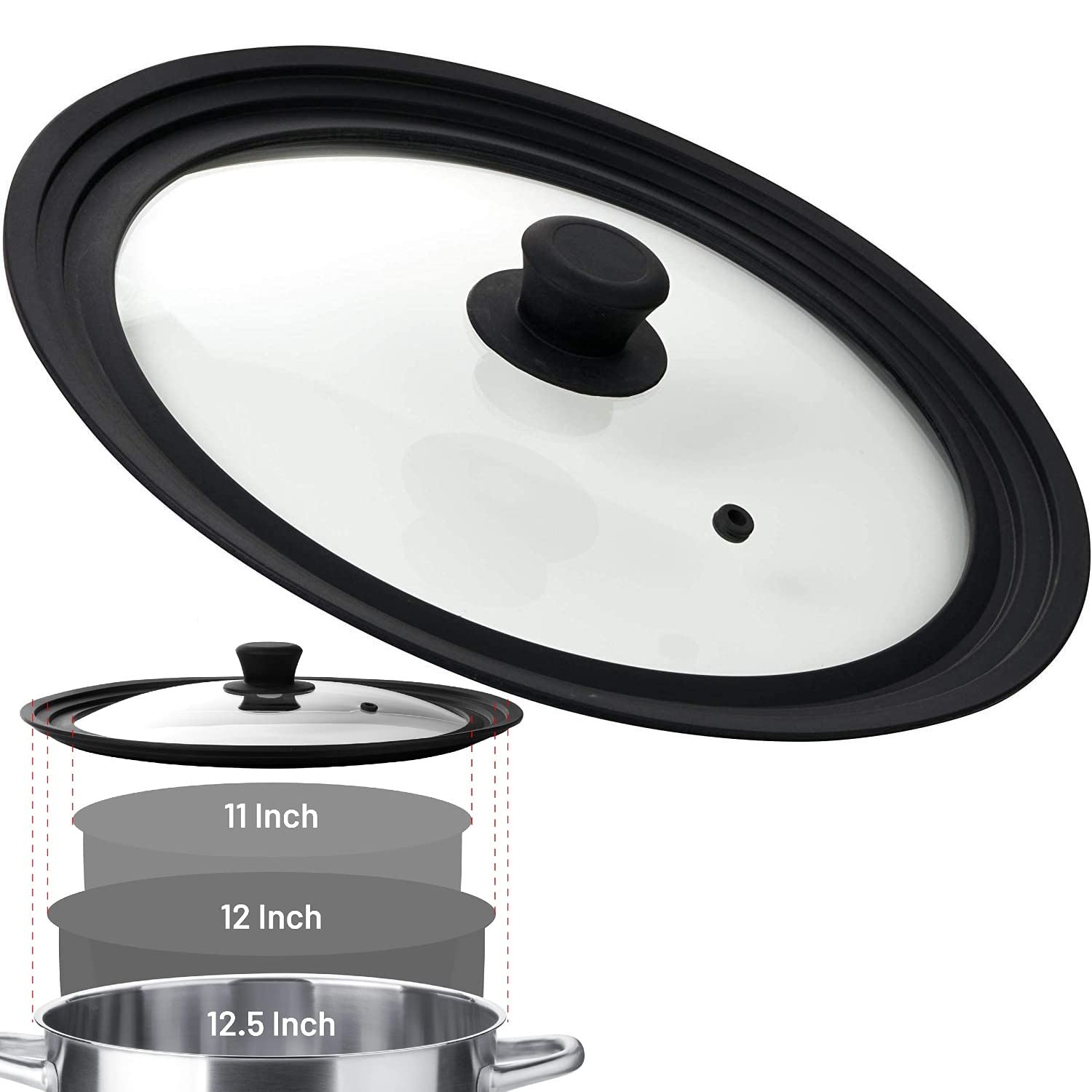 Bezrat Universal Round Lid For Pans, Pots And Skillets Vented Tempered Glass - Graduated Rim Fits 11'', 12'', 12.5 Inch Cookware
